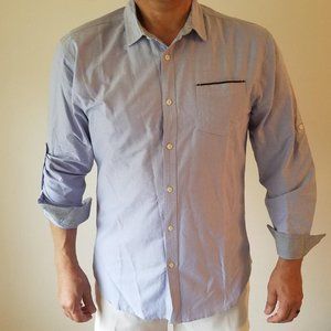 Ross&Freckle Men's 100% Cotton Chambray Standard fit Rolling-up Long Sleeve